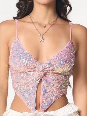 Kookai Pink Iridescent Sequin Twist Point Hem Crop Top